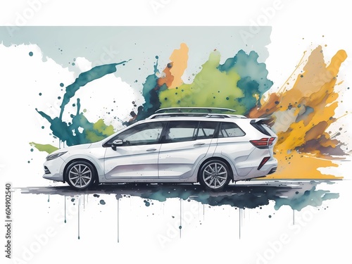 Station wagon car on the road with abstract rainbow splattered paint on a white background. Generative ai.