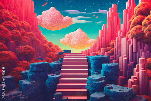 Astral Escapade: Stylized Bryce 3D Landscape with Magical Stairway and Pastel Vaporwave Vibes photo