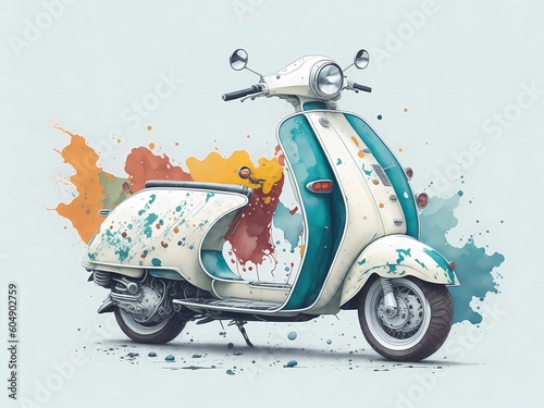 Vintage scooter on the street with abstract rainbow splattered paint on a white background. Generative ai.