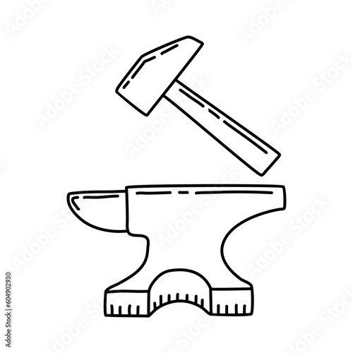 Steel anvil doodle, forge workshop. Line art style vector.