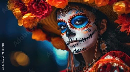 Portrait of a woman wearing beautiful Day of the Dead costumes and skull makeup. Generative AI © piai
