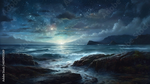 Cloudy night ocean landscape with the Moon and stars. AI generated. © Oksana Kumer