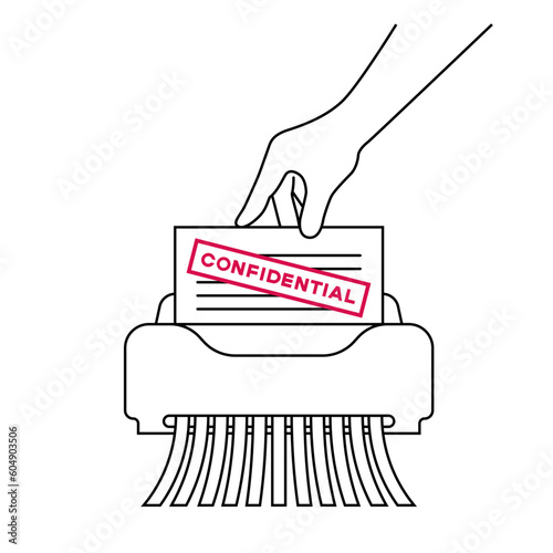 Hand hold paper sheet with confidential in shredder office device for destruction of documents line style icon vector illustration