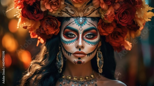 Portrait of a woman wearing beautiful Day of the Dead costumes and skull makeup. Generative AI