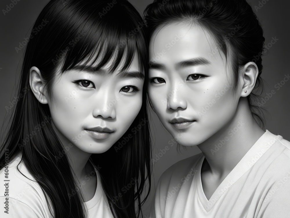 A b&w picture of two asian friends volume one created with gerenative ai, ki