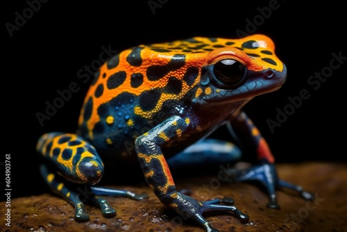 Red-and-yellow poison dart frog on a black background, a vibrant depiction of wildlife brought to life by Generative AI