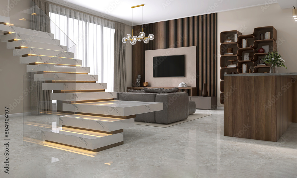 White marble U shape floating stair, led stripe light staircase, tempered glass balustrade in luxury beige living room, window, wood paneling wall for interior design decoration, product background 3D - obrazy, fototapety, plakaty 