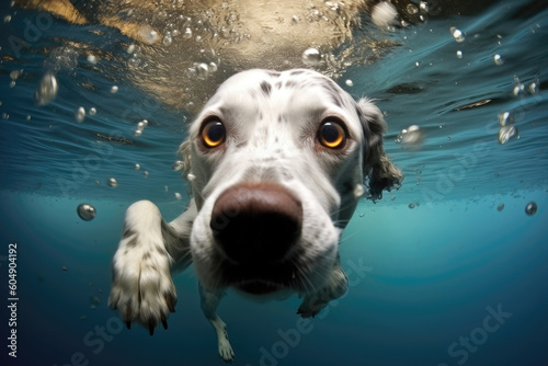 Dog in the sea: Stunning Close-Up of a Relaxed Canine Immersed in Water, Swimming Underwater with Absolute Calmness. Generative AI.