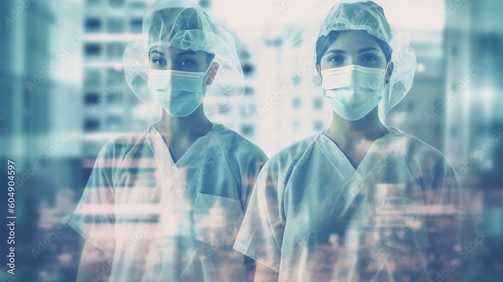 AI Generated: Team of Doctors and Nurses in Hospital Background. Double Exposure of Healthcare Professionals. Generative AI. AI Generated: Team of Doctors and Nurses in Hospital Background. Double Exposure of Healthcare Professionals. Generative AI.