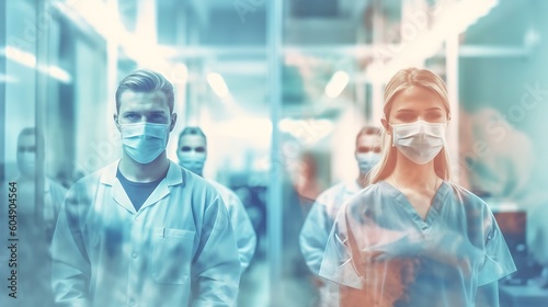 AI Generated: Team of Doctors and Nurses in Hospital Background. Double Exposure of Healthcare Professionals. Generative AI.