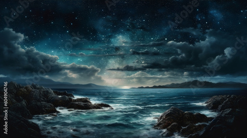 Cloudy night ocean landscape with the Moon and stars. AI generated. © Oksana Kumer