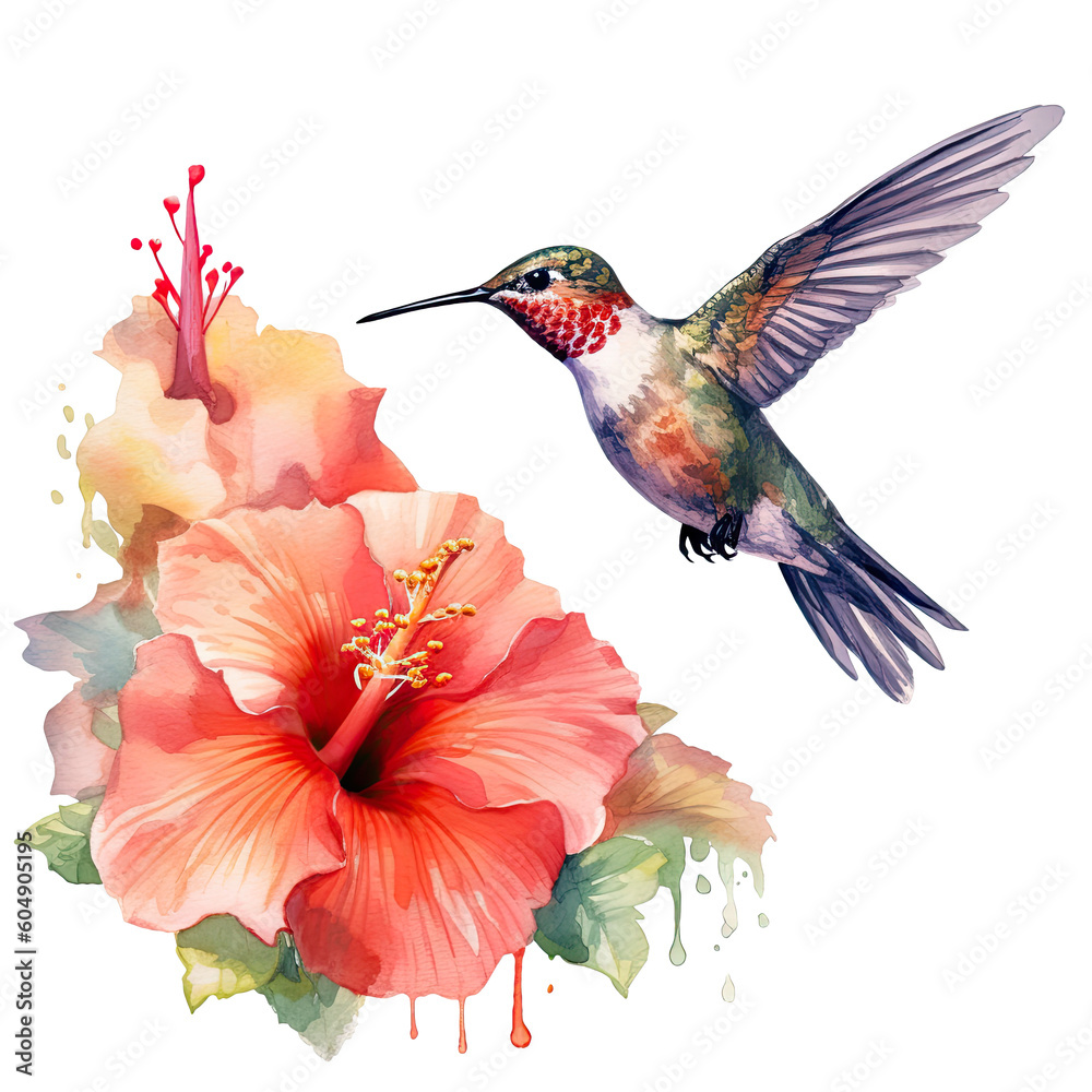 Obraz premium Watercolor Bird Hummingbird Flying Around the Fuchsia Flowers Summer Garden Illustration Set isolated on transparent background. Ai generative.
