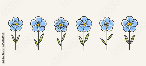 Flax flower illustration. Modern linear design element. Modern abstract linear geometric shape. Set of 6 flower print.