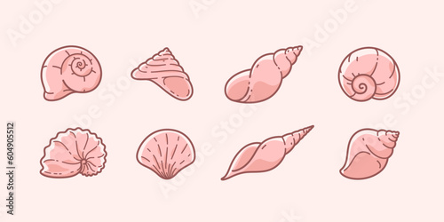 Seashell contour illustration. Line art icon set.
