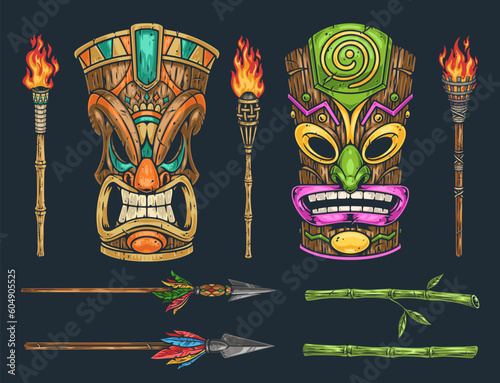 Hawaiian totems colorful set emblem