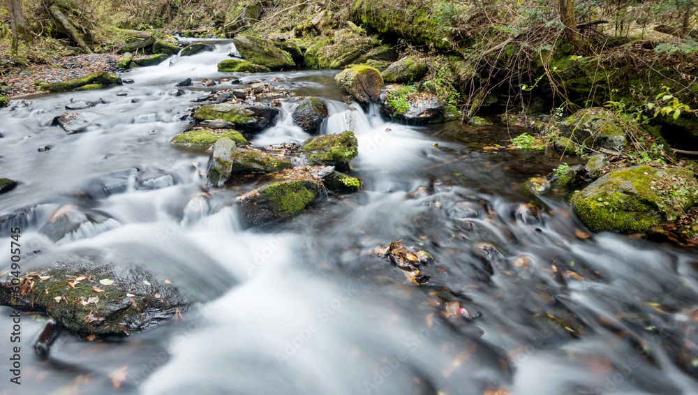 Mossy rocks in stream with smooth flowing water