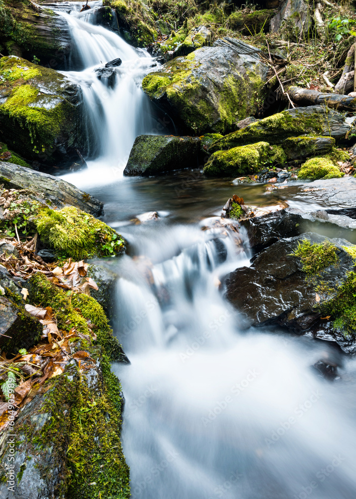 Fototapeta premium Blurred waterfall throughing mossy rocks