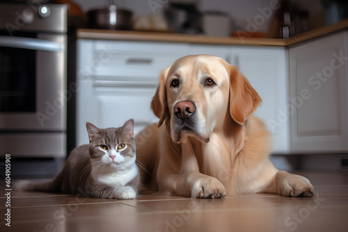 Friendly purebred cat and dog sit at home in the kitchen. Close up. Generative AI.