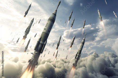 A formation of military intercontinental ballistic missiles soared through the expansive sky, a formidable display of strategic power and technological advancement. Generative AI