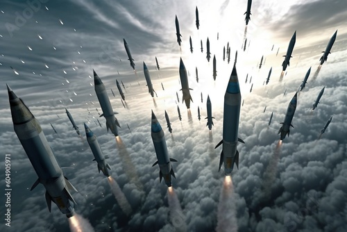 A formation of military intercontinental ballistic missiles soared through the expansive sky, a formidable display of strategic power and technological advancement. Generative AI