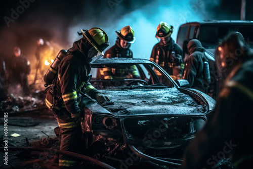 fireman extinguishing a car after an accident generative ai