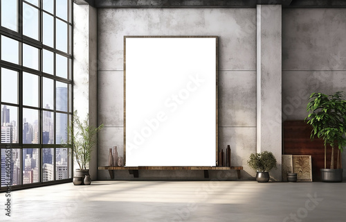 Blank wooden picture frame mockup on wall in modern interior. Vertical artwork template mock up for artwork, painting, photo or poster in interior design, AI generated art