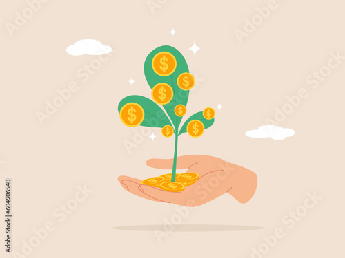 Investment growth concept. Prosperity or earn more money from savings, opportunity to make profit and increase wealth. Businessman investor hand holding money flower plant from pile of coins.