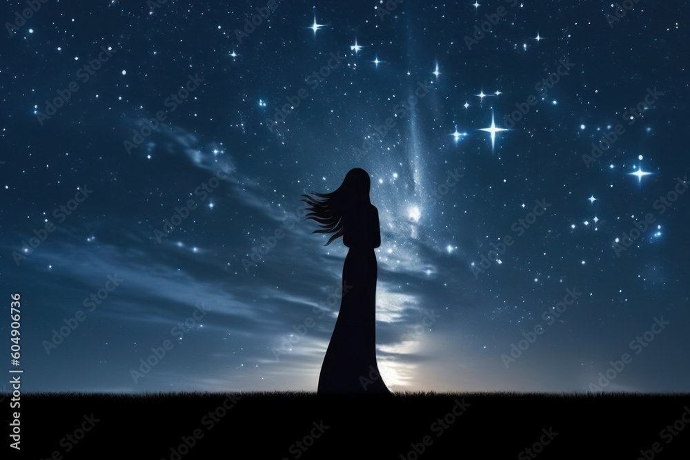 beautiful woman silhouette in night starry sky generative ai