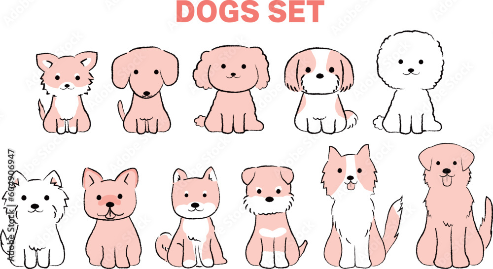 手書き風のシンプルなかわいい犬のイラスト　全身/おすわり　赤色