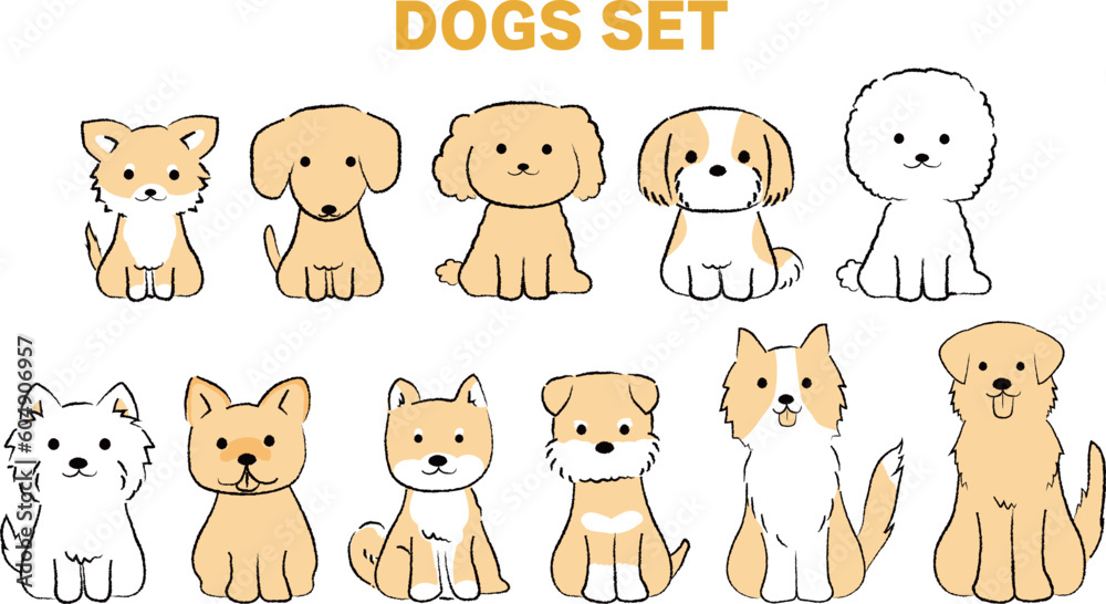 Fototapeta premium 手書き風のシンプルなかわいい犬のイラスト 全身/おすわり 黄色