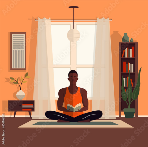 Colorful vector illustration of black man reading a book, meditating in lotus position, practicing yogist.