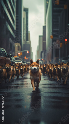 group of dogs is running through the streets of a big city
