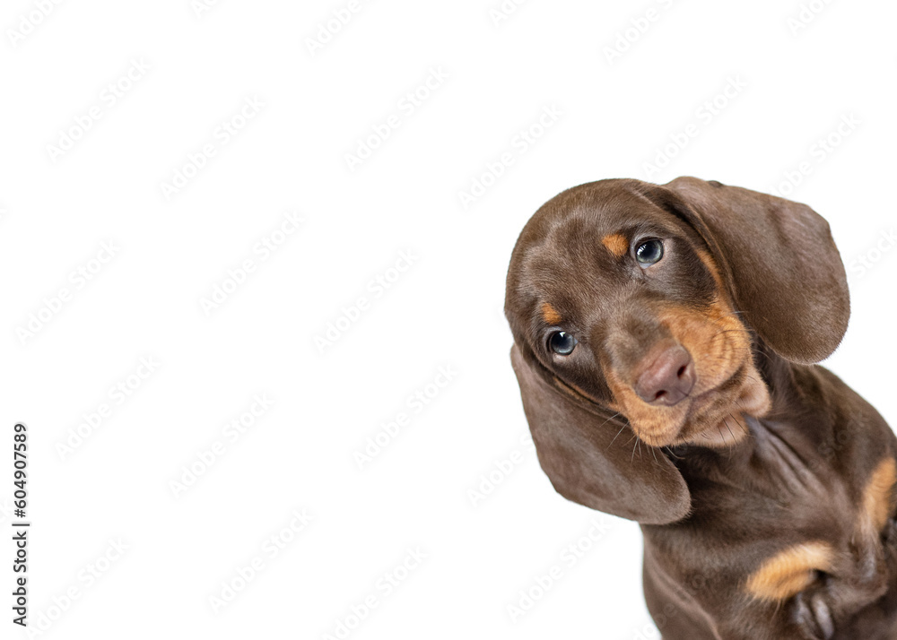 dachshund puppy dog peeking  isolated on white studio background copy space frame