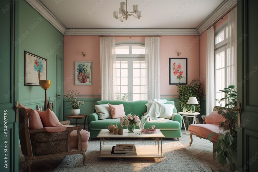 Modern cozy living room, classic interior design with light coral, green and white colors. Super photo realistic background, generative ai illustration Modern cozy living room, classic interior design with light coral, green and white colors. Super photo realistic background, generative ai illustration