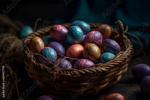 chocolate easter eggs in a basket. 
