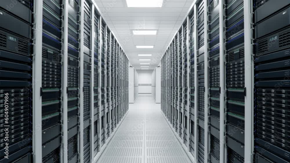 Corridor with White Server Cabinets inside Bright and Clean Working Data Center. Artificial Intelligence Training Cluster. Supercomputer and Advanced Cloud Computing Concept