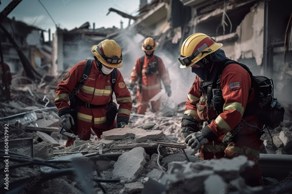 Fototapeta premium A group of men in red and yellow uniforms. Generative AI. Rescuer workers in uniform and helments dismantle rubble in town after earthquake.