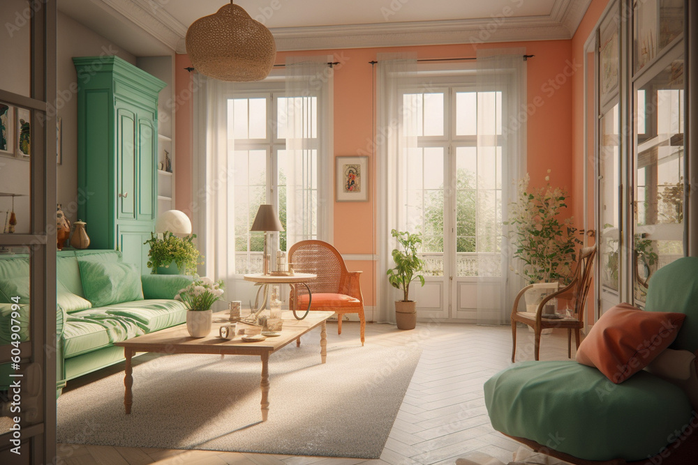Fototapeta premium Modern cozy living room, classic interior design with light coral, green and white colors. Super photo realistic background, generative ai illustration