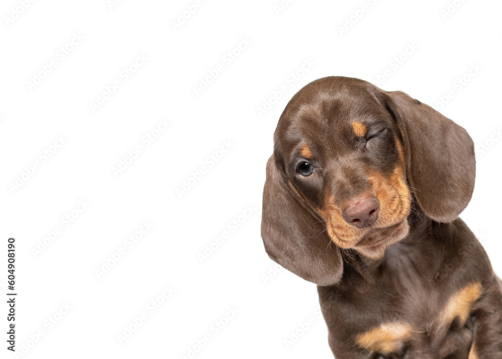 Winking Dachshund puppy dog peeking isolated on white studio background frame