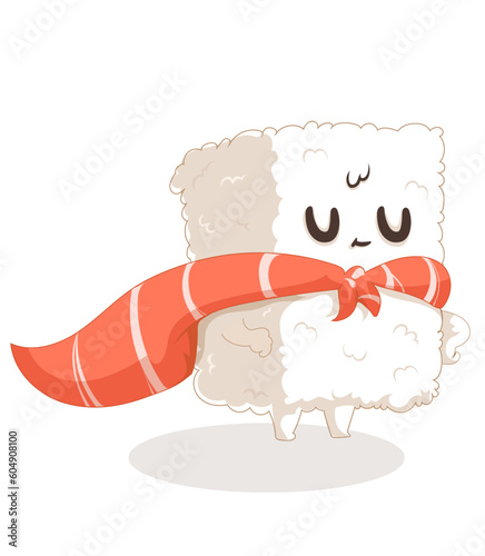 Vector illustration of cartoon sushi. Kawaii sushi. Isolated elements. Sushi is superhero