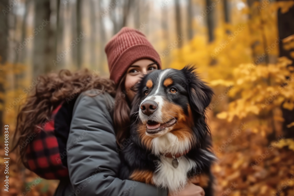 Young woman hugging her dog bernese shepherd in a autumn forest Young woman hugging her dog bernese shepherd in a autumn forest