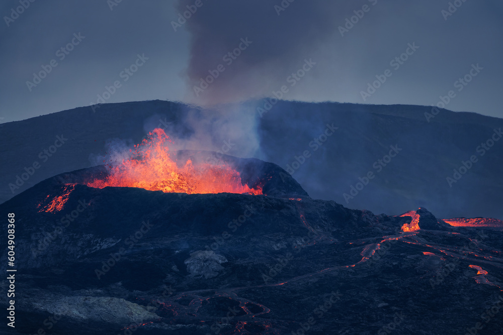 Lava explosion in the crater of the Fagradalsfjall volcano during the eruption in August 2021, Iceland