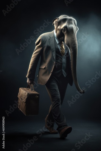 Elephant in a business suit, holding a briefcase, blending nature and professionalism.Generative AI.