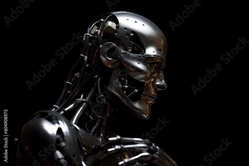 Stylish handsome cyborg head in profile on black background. Futuristic man. AI  Artificial Intelligence  concept. High quality photo