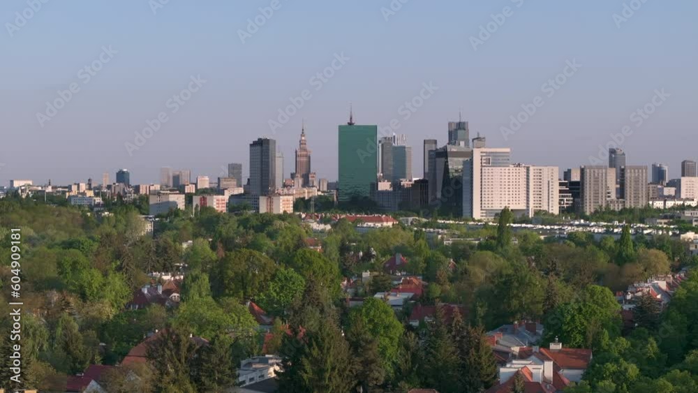 Aerial, drone panorama of Warsaw city during sunset. View from Zoliborz district of Warsaw. Aerial, drone panorama of Warsaw city during sunset. View from Zoliborz district of Warsaw.