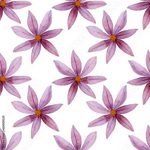 Watercolor purple flowers illustration. Seamless pattern. Hand painted.