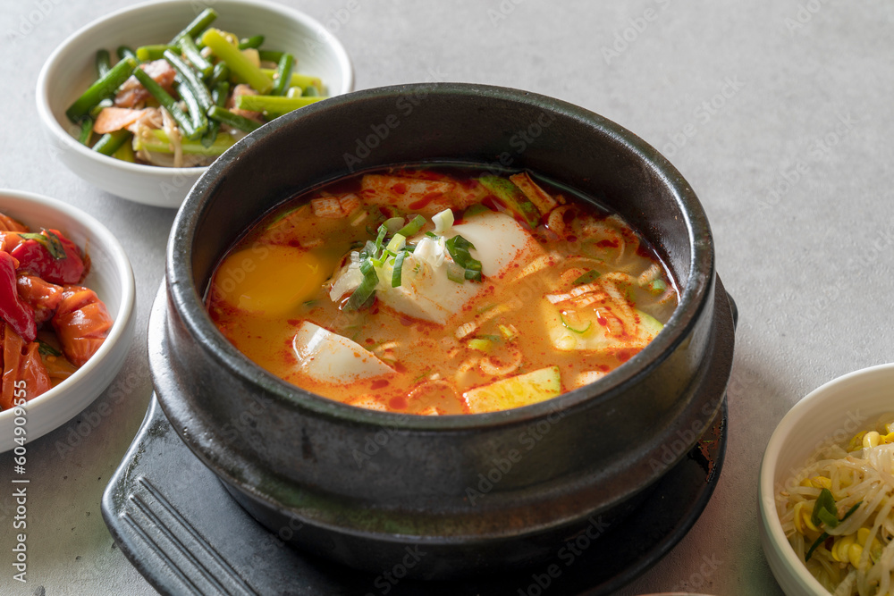 kimchi stew Budae-jjigae, kimchi-jjigae, cheonggukjang, stir-fried pork,Sausage Stew fast-fermented bean paste kimchi stew Budae-jjigae, kimchi-jjigae, cheonggukjang, stir-fried pork,Sausage Stew fast-fermented bean paste