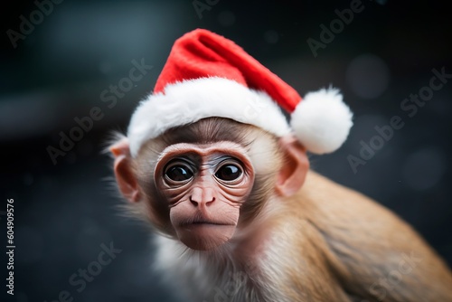 Monkey in a santa claus hat on his head. Chinese calendar. year of the monkey, merry Christmas. New Year 2024. Greeting card. Happy New Year. new year 's macaque. High quality photo