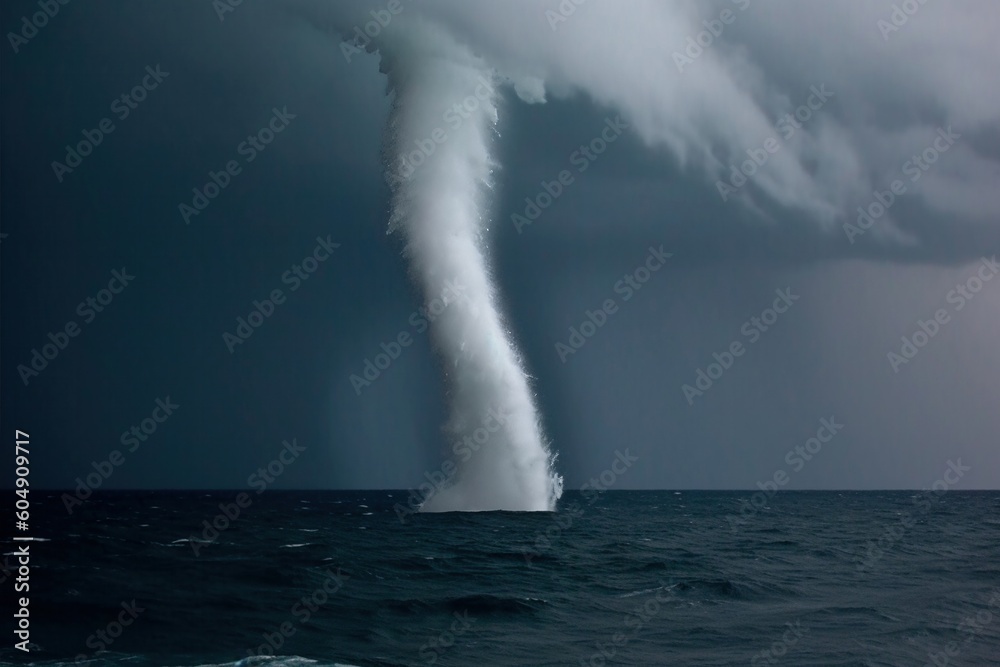 Super Cyclone or Tornado forming destruction over the sea. Severe hurricane storm weather clouds. Tornado forming over rough ocean. Twister with dark clouds in sea. Bad weather with the waterspout