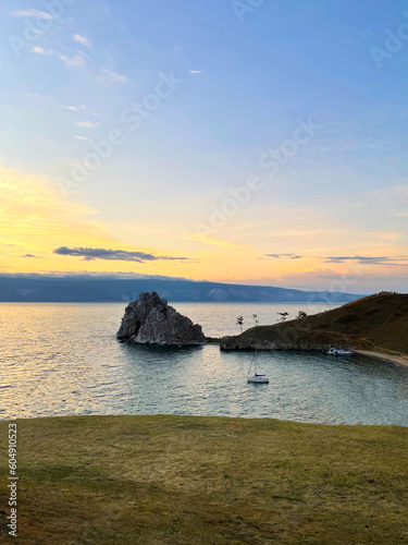 Rock Shamanka on Olkhon Island at sunset, Lake Baikal, Russia